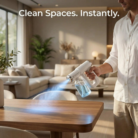 Using Disinfectant Fogger Machine For Fast Cleanup In Small And Medium Rooms to sanitize a table with blue mist in a modern living room.
