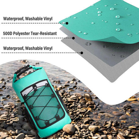 Adventure Ready 25L Roll Top Dry Bag Backpack Waterproof Dry Sack for Kayaking with waterproof vinyl layers on rocky shore.