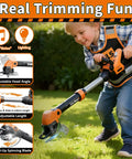 Child playing with Kid Friendly Gardening Tools Set With Vest 2 In 1 Lawn Mower And Leaf Blower Lights And Sounds Toy With Goggles And Mask