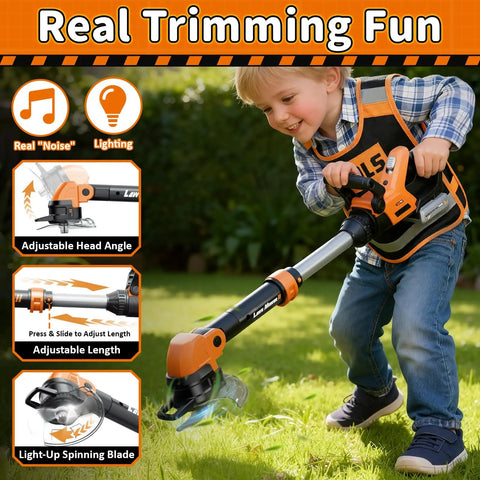 Child playing with Kid Friendly Gardening Tools Set With Vest 2 In 1 Lawn Mower And Leaf Blower Lights And Sounds Toy With Goggles And Mask
