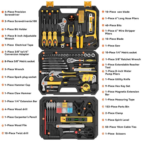 339 Piece Tool Set For Home And Auto Repair, Comprehensive Hand Tool Kit with case and contents visible, including wrenches and drill bits
