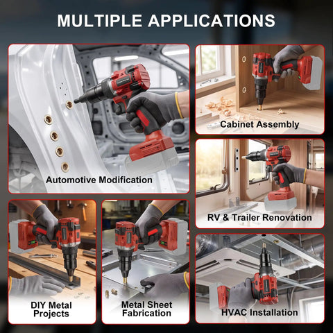 Heavy Duty Brushless Cordless Rivet Nut Gun And Tapping Wrench Set Featuring Six Swappable Imperial Metric Inserts For Grease Monkey Approved Auto Fabrication Projects Tool Only in multiple application scenes.