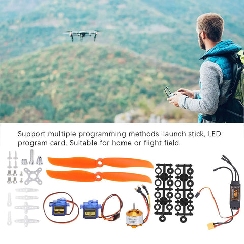 RC Plane Motor Kit With 2212 KV2200 Brushless Motor SG90 Servo And 6035 Propeller, 40A XT60T ESC Combo laid out with drone view