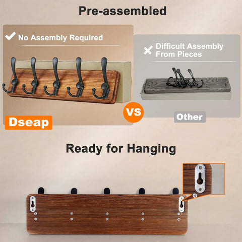Wall Mounted Coat Rack With Five Tri Hooks, Heavy Duty Wooden Coat Hanger For Clothes Hats And Jackets, pre-assembled with pine board.