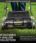 Corded Electric Dethatcher And Scarifier With 12.6 Inch Wide Path And 12 Amp Motor, 8 Gallon Bag in use on grass