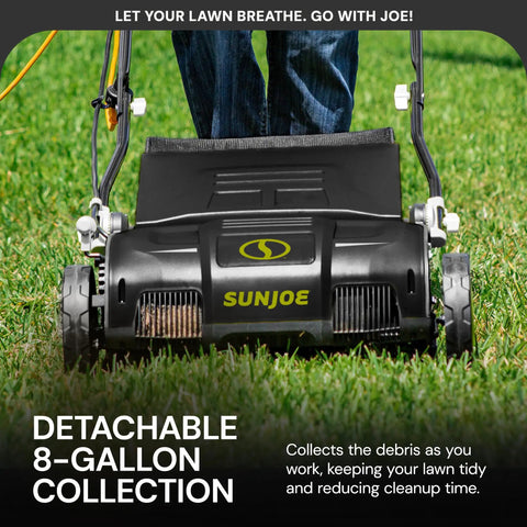 Corded Electric Dethatcher And Scarifier With 12.6 Inch Wide Path And 12 Amp Motor, 8 Gallon Bag in use on grass