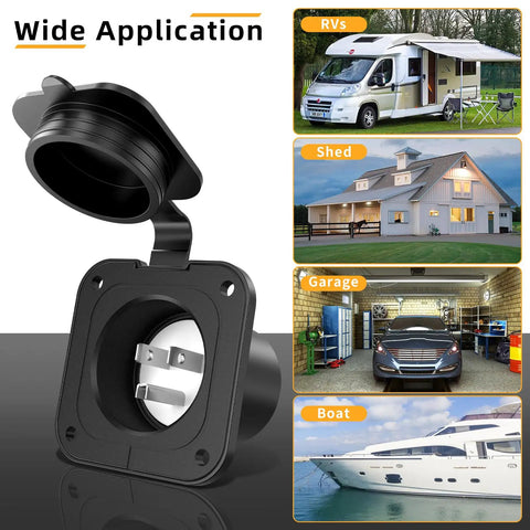 Heavy Duty 15A AC Shore Power Flanged Inlet With Waterproof Nema 5-15P Male Receptacle Flush Mount Outlet displayed for RVs, sheds, garages, and boats.