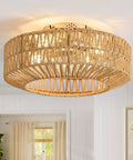 Whisper Quiet Boho Caged Rattan Fandelier Ceiling Fan With Bright Integrated Lighting And Hella Smooth Six Speed Remote Control, overhead view, natural rattan design.