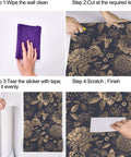 Steps to apply Light Gold Vintage Floral Butterfly Peel and Stick Wallpaper on Dark Background Retro Vinyl Self Adhesive Contact Paper Roll.