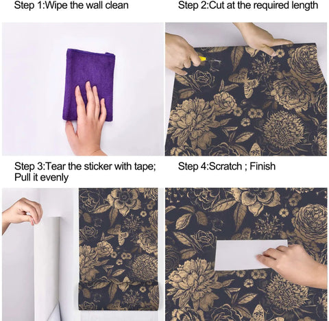 Steps to apply Light Gold Vintage Floral Butterfly Peel and Stick Wallpaper on Dark Background Retro Vinyl Self Adhesive Contact Paper Roll.