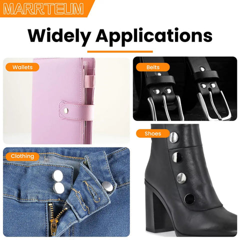 Image showing the use of 120 Piece Leather Snap Fasteners Kit With 3 Setter Tools 15mm Stainless Steel Snaps on wallets, belts, shoes, and denim.