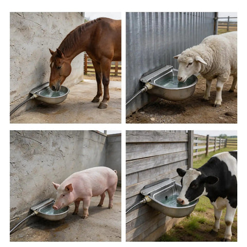 Built Tough Automatic Water Bowl Made From Pure 304 Stainless Steel For Big Pups And Barn Animals comes with various animals drinking.