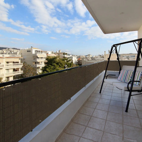 Outdoor Balcony Privacy Screen 2.5 Ft By 15 Ft Railing Cover With 30 Inch Mesh Panels And Zip Ties, Brown, installed on balcony