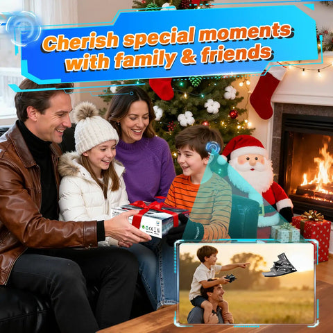 Family celebrating Christmas with B2 Spirit Stealth Bomber RC Plane Ready to Fly 2CH Remote Control gift under tree.