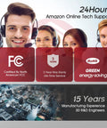 Customer service with text overlay about FCC certification, 3-year warranty, energy-saving, manufacturing experience