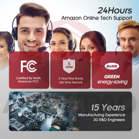 Customer service with text overlay about FCC certification, 3-year warranty, energy-saving, manufacturing experience