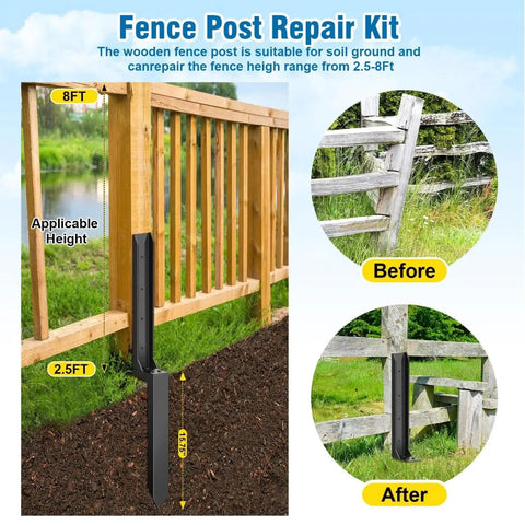 Heavy Duty Fence Post Repair Kit With Ground Anchor Spike No Dig Easy Install Support Stake for wood posts, Type A shown in use