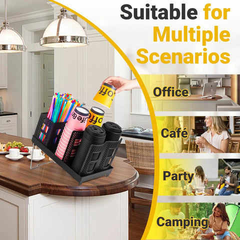 High Capacity Cup And Lid Organizer For Coffee Stations with straw storage in a kitchen and multiple usage scenarios