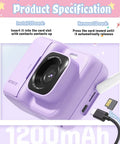 Kid Friendly Instant Print Camera With 1080P Photos Dual Lens For Wide And Close Shots Includes 32GB Card Easy To Use And Doodle Ready Fun Purple Color For Tiny Trendsetters. purple kids instant print camera with SD card slot and USB charging port