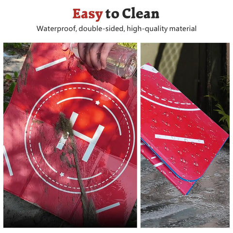 Nighttime Reflective Drone Landing Pad being cleaned and folded, showing red waterproof surface, easy to clean.
