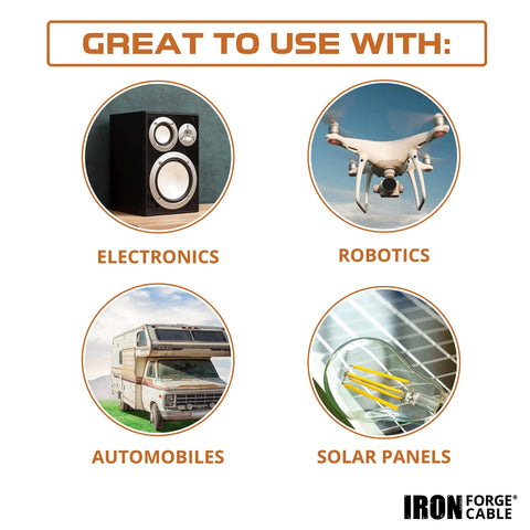 Electronics, robotics, automobiles, and solar panels suitable with 6 Gauge Primary Wire 2 Pack 25ft Pure OFC Oxygen Free Copper.