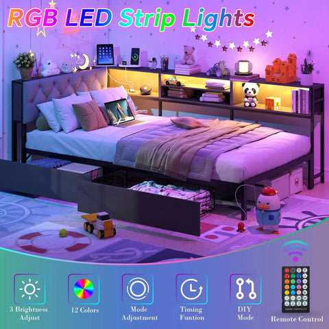 Super Solid Corner Twin XL Bed Frame With Built In Storage Bookcase And Plush Tufted Upholstered Headboard For Kids Room with RGB LED Strip Lights.