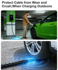 Tough As Nails EV Charger Cable Protector Featuring Flexible Wire Sleeve and Anti Wear Guard designed for 7/8 inch cables with charging car.