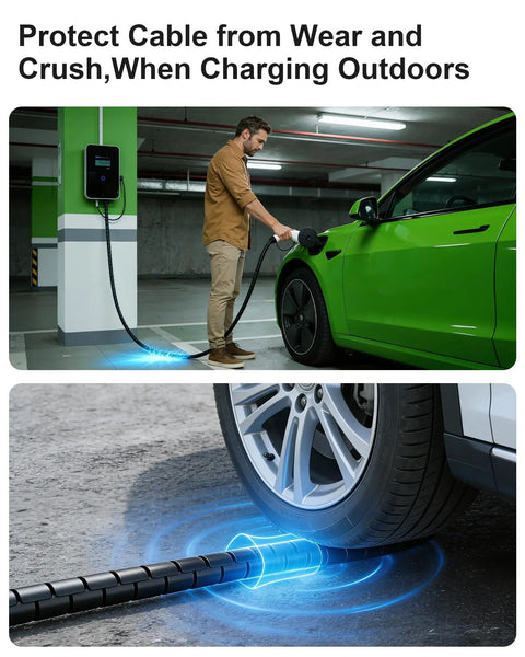 Tough As Nails EV Charger Cable Protector Featuring Flexible Wire Sleeve and Anti Wear Guard designed for 7/8 inch cables with charging car.