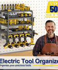 Rock Solid Five Tier Wall Mount Power Tool Organizer Rack For Garage Storage that holds drills, pliers, and hammers in a well-organized setup.