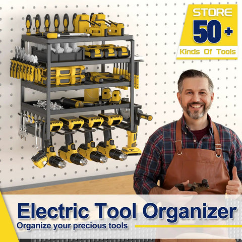Rock Solid Five Tier Wall Mount Power Tool Organizer Rack For Garage Storage that holds drills, pliers, and hammers in a well-organized setup.