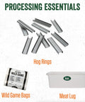 Image of hog rings, wild game bags, and a meat lug with text 'Processing Essentials'.