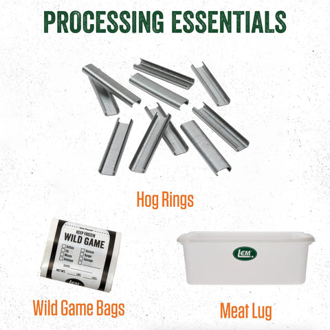 Image of hog rings, wild game bags, and a meat lug with text 'Processing Essentials'.