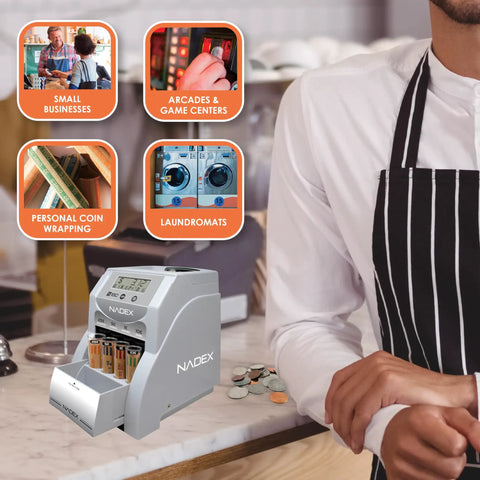 Digital Coin Sorter And Counter Machine With Automatic Currency Separator and Clear Display tracks total value, placed on counter with coins.