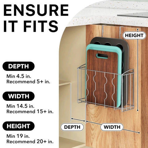 Two Pack Over The Cabinet Door Organizer Holder Set With Wall Mount Basket And Over The Door Shelf 13.5W X 4.25D X 9.25H And 12.5W X 3.6D X 9.25H Fits Inside Cabinets Or Over Doors Silver Finish Easy Install Space Saver For Real showing cutting boards in a cabinet organizer.