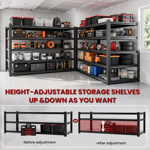 Heavy Duty 5 Tier Garage Shelving Unit Packing 5000 Lbs Metal Storage Rack Adjustable with organized tools and storage bins