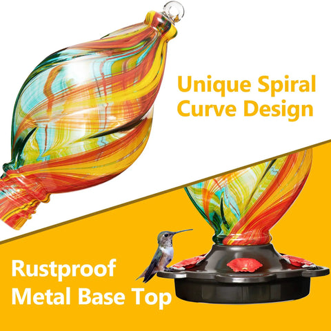 Ice Cream Shaped Spiral Hummingbird Feeder For Outdoors Hanging Hand Blown Glass 28 Fluid Ounces Rustproof Includes Ant Moat