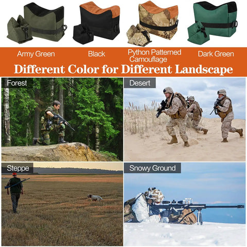 Front And Rear Rest Bags With Unfilled Sandbags for shooting in different landscapes: forest, desert, steppe, snowy ground