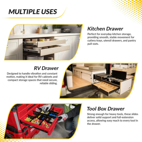 Multiple uses of Heavy Duty Ball Bearing Side Mount Drawer Slides In Steel With Perma Brite Zinc Finish, kitchen, RV, tool box