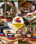 Two Burner Propane Camping Stove With Twenty Thousand BTU Output, Piezo Ignition in outdoor cooking setting