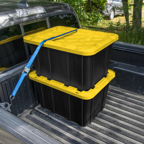 Badass Heavy Duty 6 Pack 27 Gallon Storage Bins Stackable Plastic Totes Snap Lids Black Containers Yellow Latches Garage Home Organization No Sweat Clutter Solution For Any Space