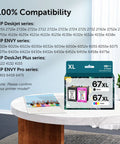 67XL Printer Ink Replacement For 67 Black And Color Ink Cartridges Remanufactured Combo Pack on table, DeskJet and ENVY compatibility list.