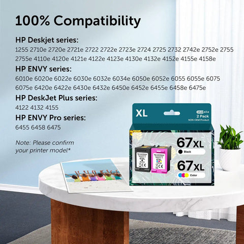 67XL Printer Ink Replacement For 67 Black And Color Ink Cartridges Remanufactured Combo Pack on table, DeskJet and ENVY compatibility list.