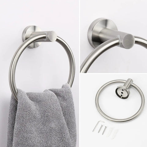 Two Piece Bathroom Hardware Set With Towel Ring And Toilet Paper Holder In Brushed Nickel Stainless Steel Wall Mounted Built To Last In Humid Bathrooms Modern Sleek Design And Easy Installation For Any Home showing towel ring details