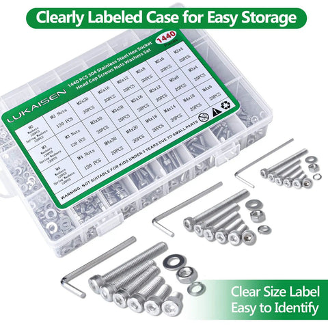 DIY Ready 1400 Piece Metric Screw And Nut Kit In 304 Stainless Steel M2 M3 M4 Bolts And Nuts Organized in Labeled Case