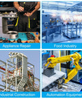 Collage of 4 industrial scenes: appliance repair, food industry, industrial construction, and automation equipment.