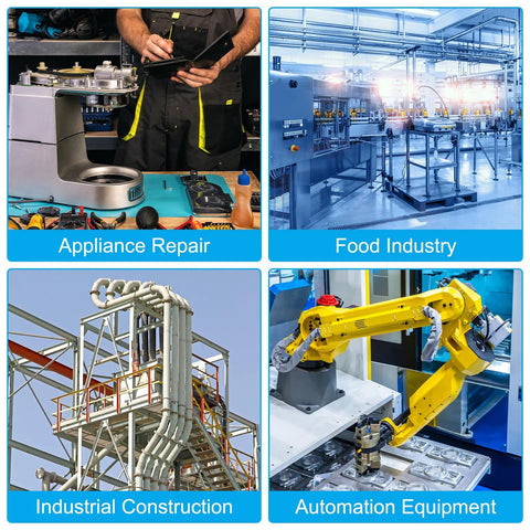 Collage of 4 industrial scenes: appliance repair, food industry, industrial construction, and automation equipment.