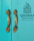 Elegant Antique Brass Cabinet Handle With Dope Ornate Vintage Leaf Design Pair on teal door, 12 inch sturdy brass hardware