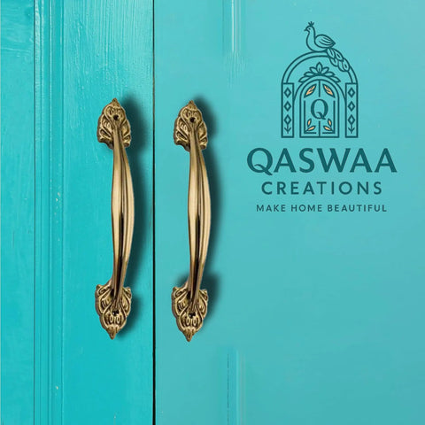 Elegant Antique Brass Cabinet Handle With Dope Ornate Vintage Leaf Design Pair on teal door, 12 inch sturdy brass hardware