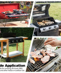 Various grills and stoves being used outdoors for cooking, suitable for RV travel and camping.