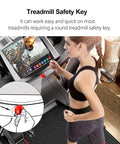 Woman using treadmill with Red Magnetic Treadmill Safety Key, Universal Round Key Replacement for Most Treadmills, Quick Magnetic Emergency Stop.